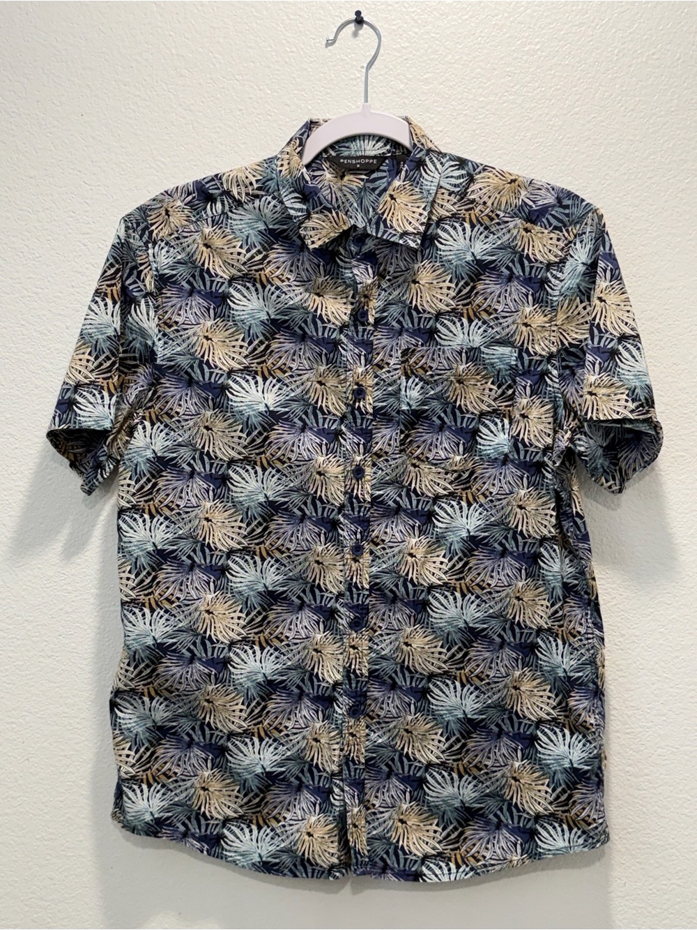 Men's Penshoppe Summer Short-Sleeve Button-Up Shirt Palm Leaf Print Size S